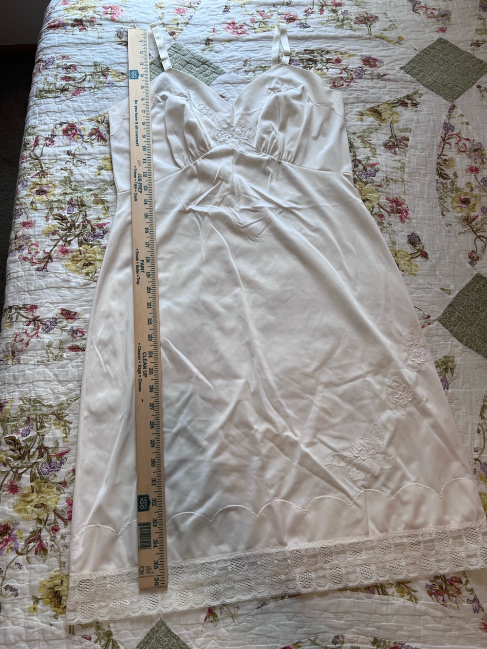 VTG Ivory White Full Slip Dress Floral Lace Embroidered Scallop Medium - Picture 7 of 13